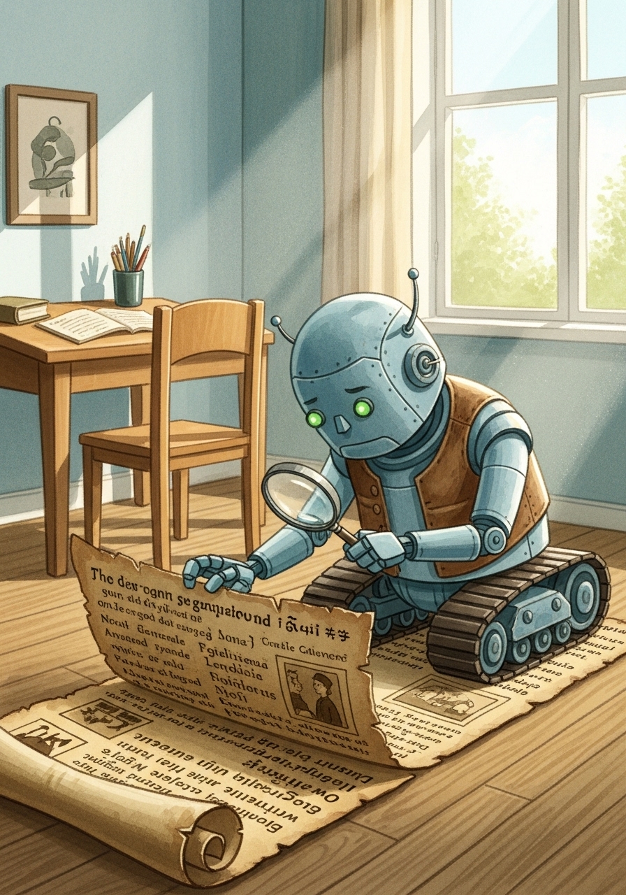 ロボットのラグが巻物と本でヒントを探す