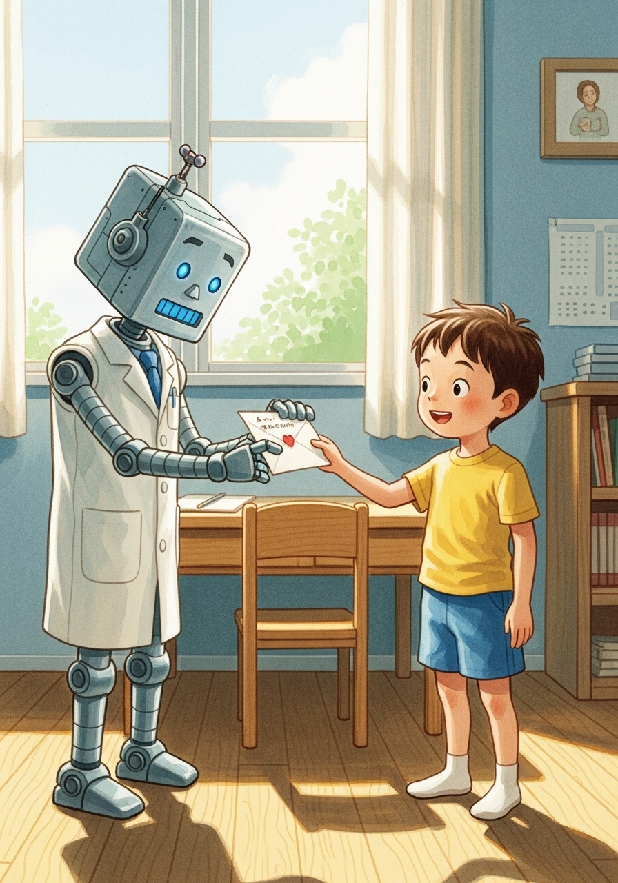 エルエルが翻訳した手紙をゆうきくんに渡す