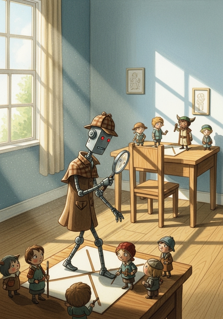 探偵チェッカーが虫眼鏡で手紙をチェックする